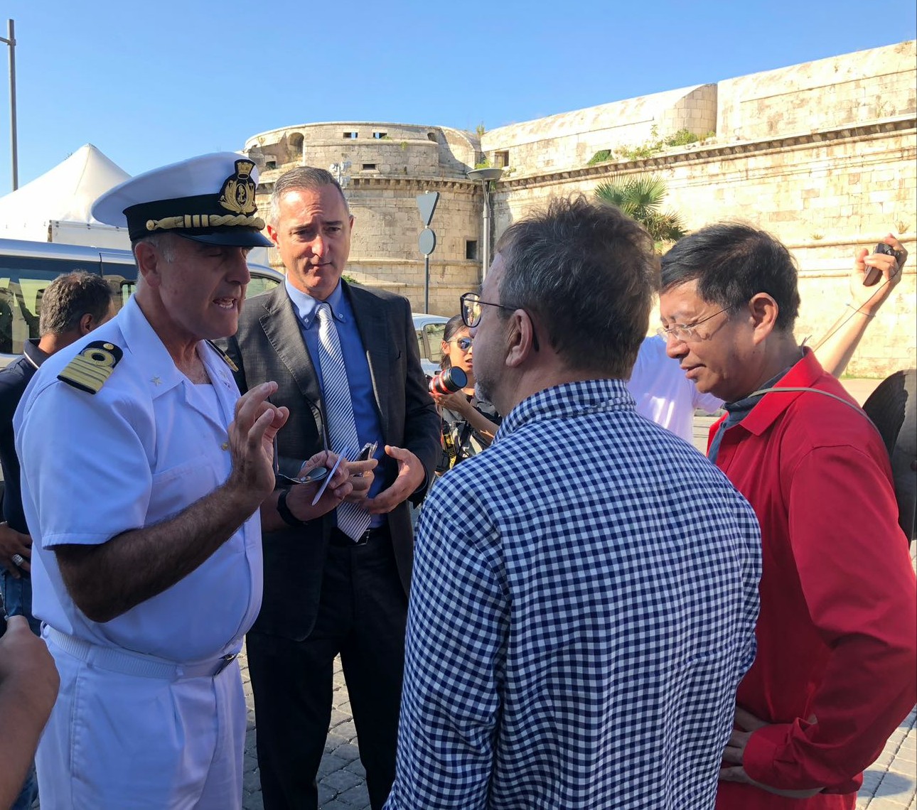 Delegation of CCTV, Chinese TV, at the historic port of Civitavecchia for the shooting of “From Xi’an to Rome” (left to right: Captain Vincenzo Leone and Manger of the AdSP Malcom Morini)