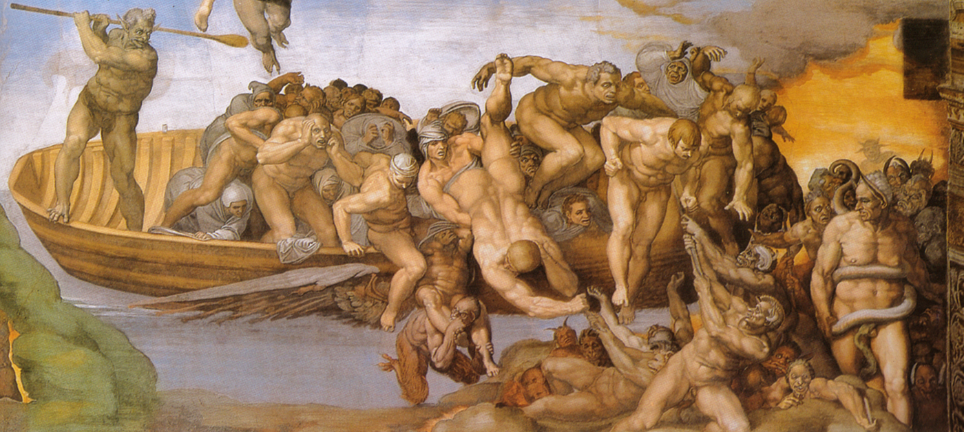 L'inferno nel Giudizio Universale di Michelangelo - A sinistra Caronte e sulla destra Minosse con le fattezze di Biagio da Cesena