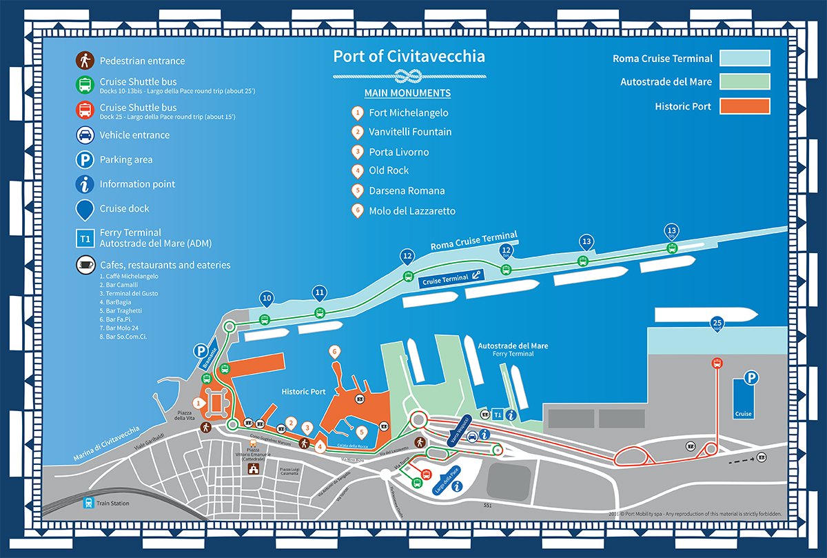 Map of the Port of Civitavecchia with all entrances (pedestrian and car), shuttle bus routes, parking facilities, information points and main monuments of the Historic Port