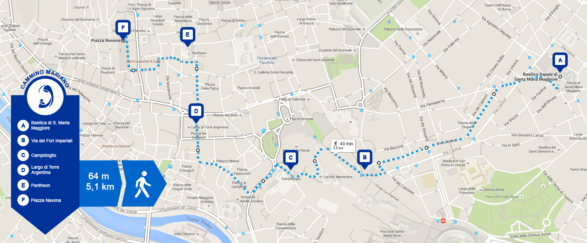 Il Cammino Mariano è l'unico che parte dalla Basilica di Santa Maria Maggiore. Si tratta di poco più di 5 km
