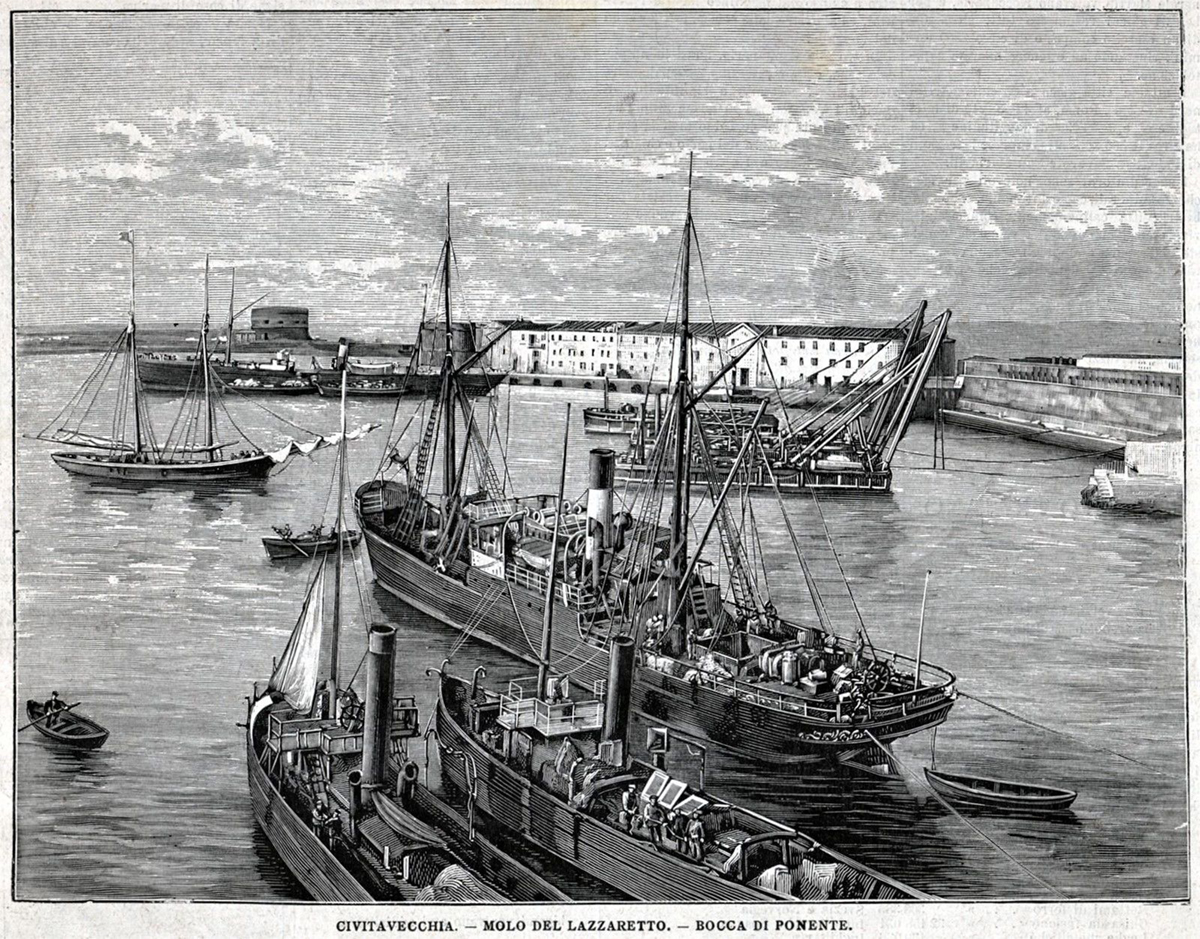 Antigua litografía de 1896 que retrata el Puerto de Civitavecchia y el Muelle del Lazareto arriba a la izquierda