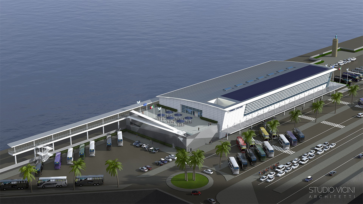 El nuevo Terminal de Cruceros RCT en el Puerto de Civitavecchia visto desde vista aérea