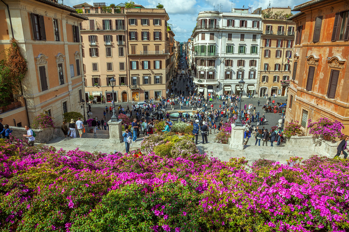 A panoramic view over Piazza di Spagna during the traditional exhibition of Capitoline azaleas