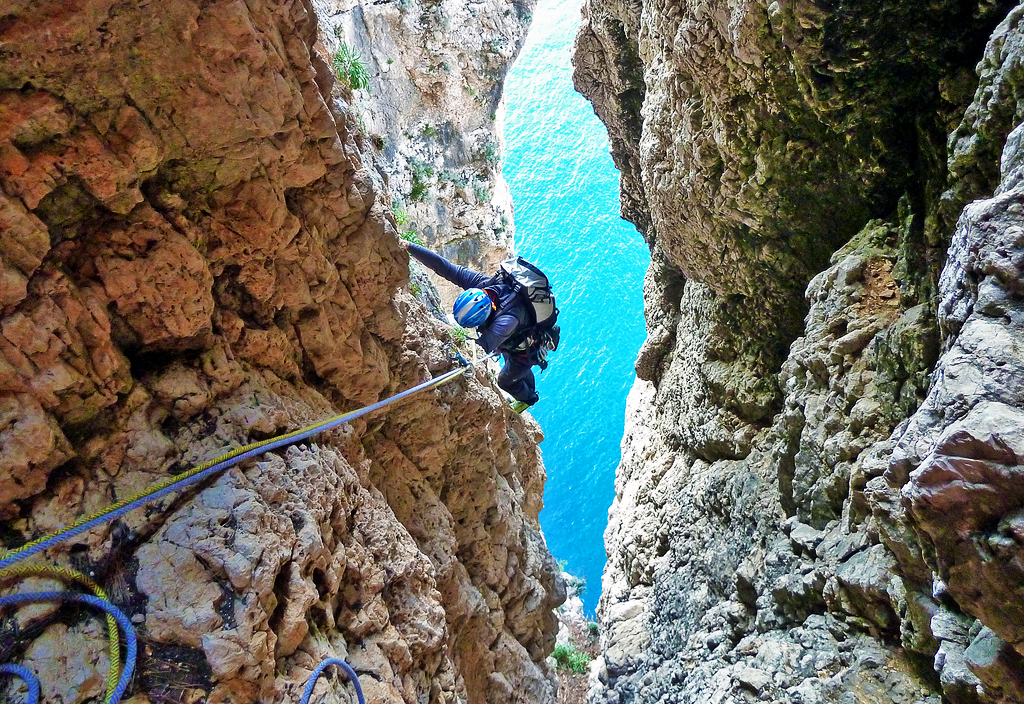 Free climbing on the rocky walls of the Split Mountain