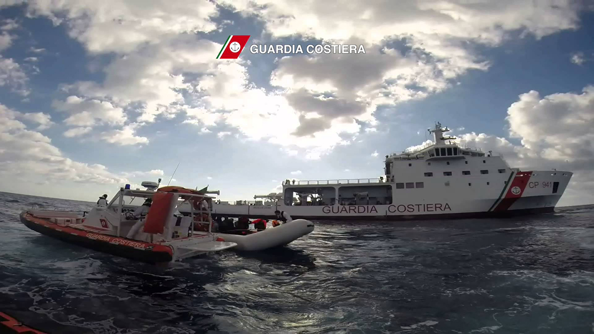 The ship Diciotti owned by the Coast Guard during a rescue operation in open sea