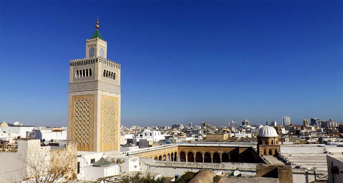 Mosque of al-Zaytouna seen from above with the minaret standing out