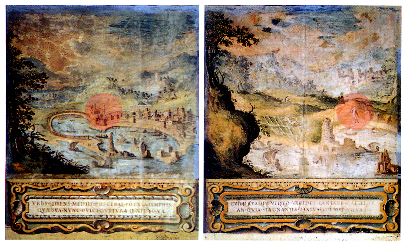 Los dos frescos de C. Nebbia, P. Brill y G. Guerra que retratan la colosal estatua y el acueducto en el Puerto de Civitavecchia