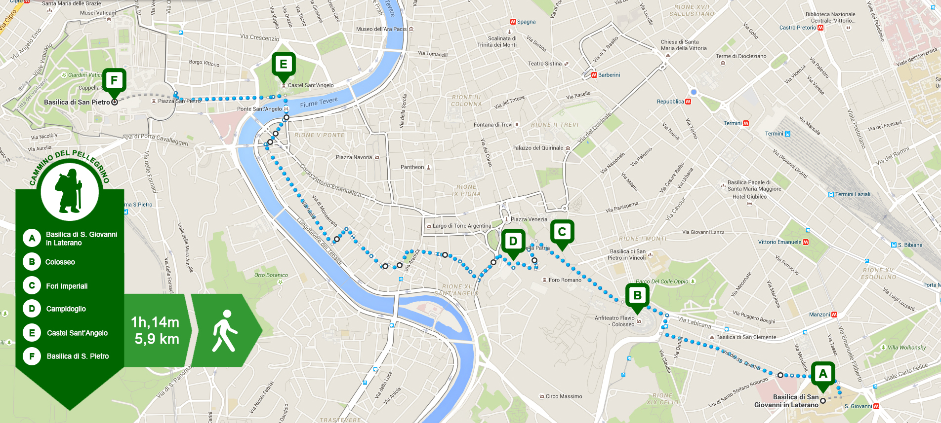 Il Cammino del Pellegrino con i suoi principali punti di interesse: 5,9 km da percorrere rigorosamente a piedi
