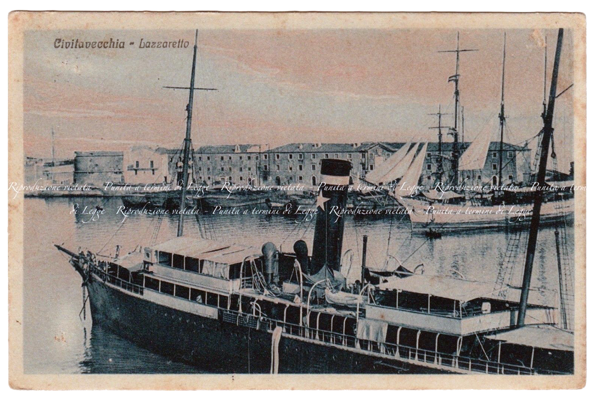 Una postal de 1924 que retrata el Puerto de Civitavecchia y el Muelle del Lazareto 