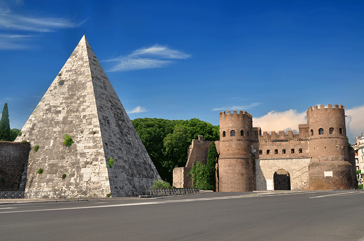 La Pirámide de Cestia al lado de la Puerta de San Pablo y los restos de las murallas aurelianas