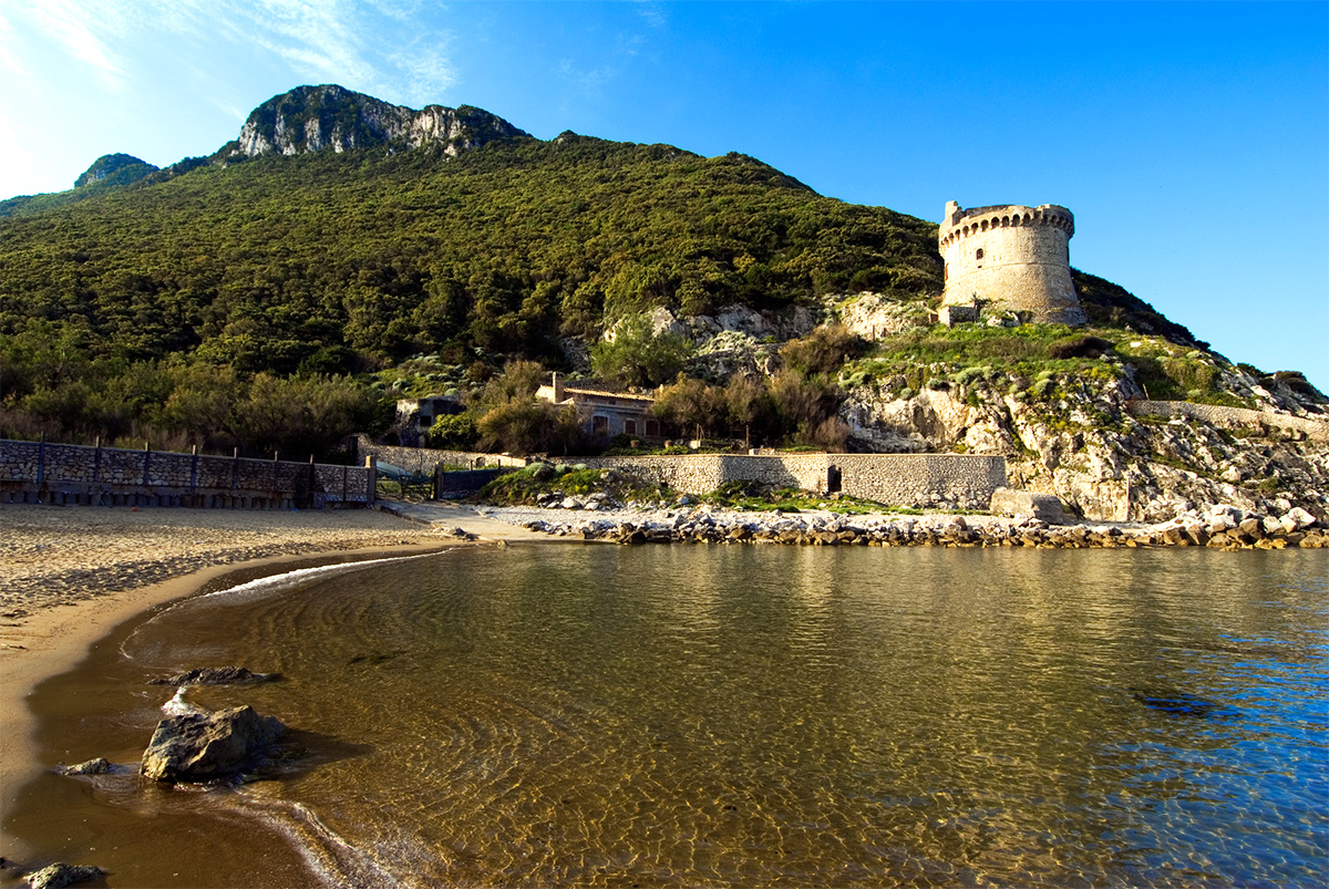 Sabaudia beach with the mount Circeo and Torre Paola on the background