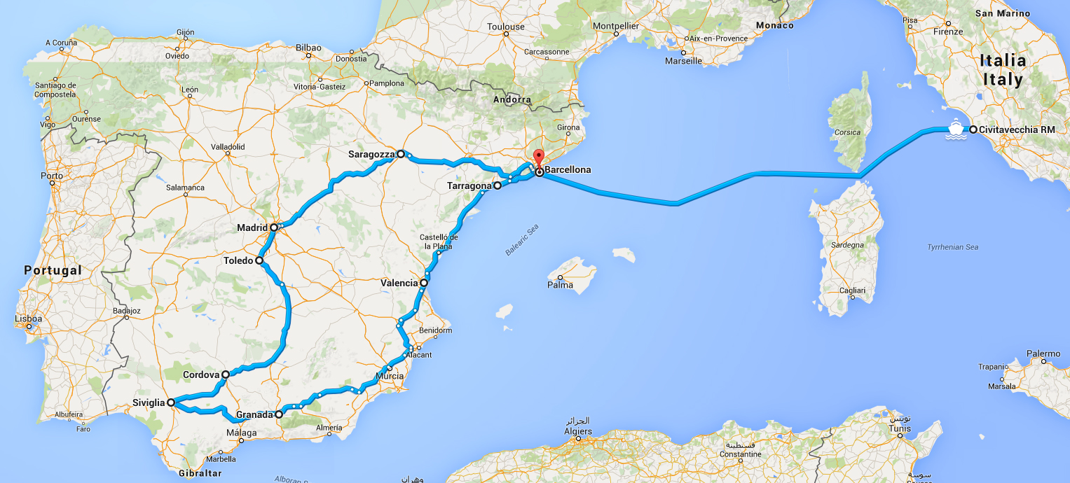 España por carretera: las etapas del itinerario saliendo desde el Puerto de Civitavecchia