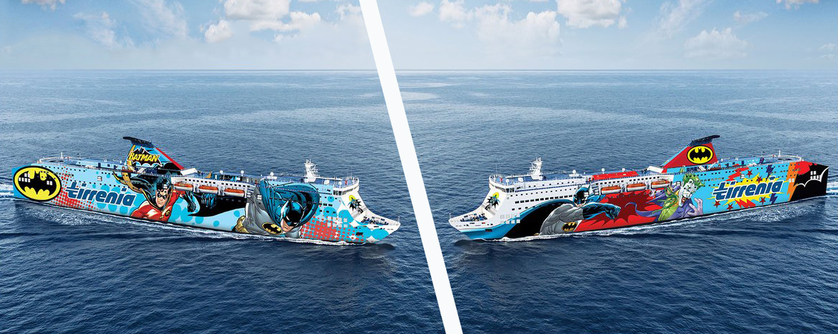 Ecco il primo restlyling operato da Tirrenia: Batman sale a bordo della Sharden Ecco il primo restlyling operato da Tirrenia: Batman sale a bordo della Sharden